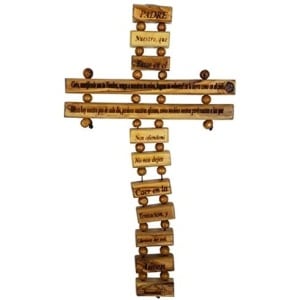 Olive Wood Father in Heaven Lord’s Prayer Hanging Cross (Spanish 9″)