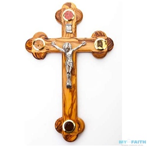 Olive Wood 7″ Cross 14 Stations Crucifix from Bethehem with Holy Land Essences