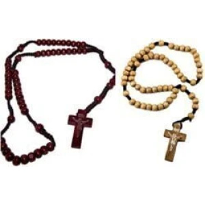 2pc Cherry & Ivory Colored Wooden Beads Rosary Necklaces with Jesus Imprint Cross