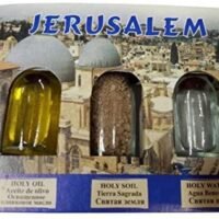 Holy Land souvenir 3 bottle set Jerusalem Holy Earth Holy Olive Oil and Holy Water from the Jordan River from The Nativity Church in Jerusalem