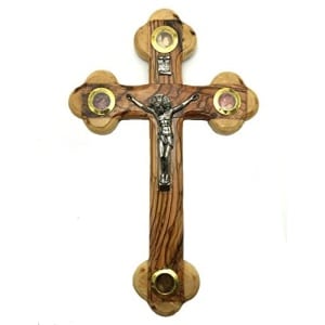 Olive Wood Cross Crucifix with Holy Relics from Holy Land (9″)