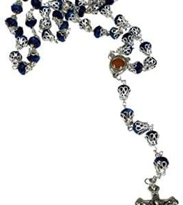 Bethlehem Gifts TM Unique Deep Blue Crystal Beads Rosary Catholic Necklace Holy Soil Medal & Cross
