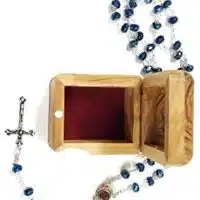Elegant Olive Wood Jewelry Box with Deep Blue Glass Rosary – First Communion Keepsake