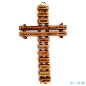Olive Wood Large Wall Cross (9 Inches) with Lord’s Prayer (Padre Nuestro) in Spanish (Español) Handmade in Bethlehem Holy Land