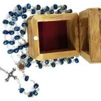 Elegant Olive Wood Jewelry Box with Deep Blue Glass Rosary – First Communion Keepsake