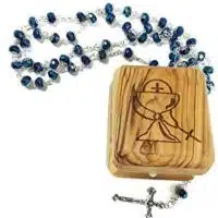 Elegant Olive Wood Jewelry Box with Deep Blue Glass Rosary – First Communion Keepsake