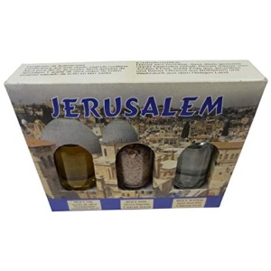 Holy Land souvenir 3 bottle set Jerusalem Holy Earth Holy Olive Oil and Holy Water from the Jordan River from The Nativity Church in Jerusalem