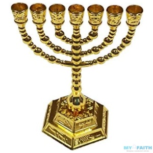 Decorative Menorah 7 Branch Jewish Israel Holy Land Jerusalem.12 Tribes Design-Gold 5″