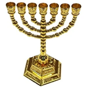 Decorative Menorah 7 Branch Jewish Israel Holy Land Jerusalem.12 Tribes Design-Gold 5″