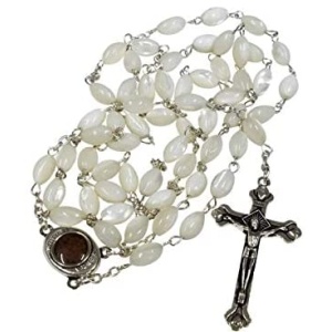 Mother of Pearl Beads Rosary Cross with Mary Medal and Holy Soil from Holy Land