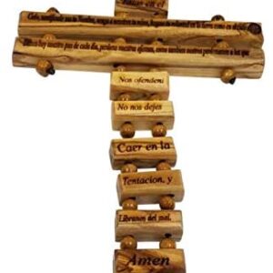 Bethlehem Gifts TM Olive Wood Father in Heaven Lord’s Prayer Hanging Cross (Spanish 9″)