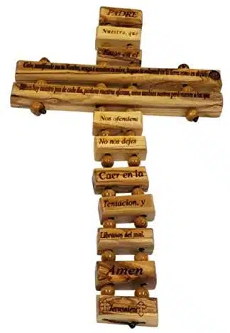Olive Wood Father in Heaven Lord’s Prayer Hanging Cross (Spanish 9″)