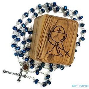 Olive Wood First Communion Jewelry Box with Rosary Deep Blue Glass