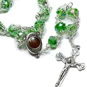 Unique Green Crystal Beads Rosary Catholic Necklace Holy Soil Medal & Cross