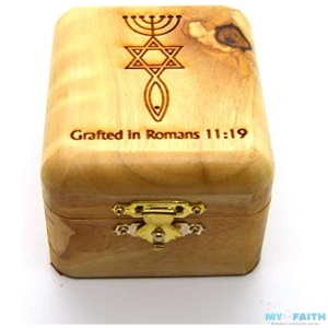 Olive Wood Box Genuine Holy Land Olive Wood Messianic Seal Grafted in Fish Menorah and Star of David Decoration from Jerusalem