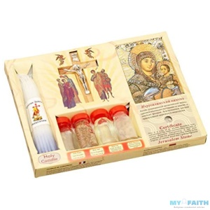 Christianity 7 in 1 Holy Land Mega Set Holy Water Soil Oil Incense, Crucifix Cross, Candles and Ancient Byzantine Icon