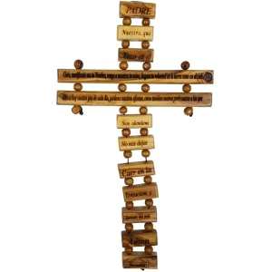 Handcrafted Bethlehem Olive Wood Cross – Cultural & Historical Design – Padre Nuestro Spanish, 14″