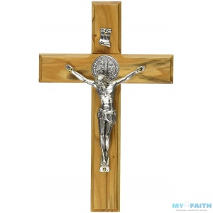Handcarved from Bethlehem Olive Wood Cross / Crucifix – 6″, Benedict Crucifix