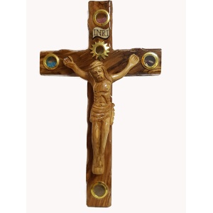 Handcrafted Bethlehem Olive Wood Cross – Cultural & Historical Design – Lens Wooden Crucifix, 20″