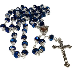 Exquisite Rosaries from Jerusalem: A Cultural and Historical Collection – Unique Deep Blue Crystal Beads Necklace Holy Medal & Cross