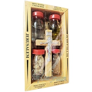 Holy Land Blessings Set: Blessed Holy Water, Soil, Oil, Incense with Jesus Cross Crucifix