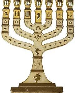 Bethlehem Gifts TM Jerusalem Temple Menorah 7 Branch Metal Candle Holder 12 Tribes of Israel 4.7″ (Gold/Cream)  Home & Kitchen