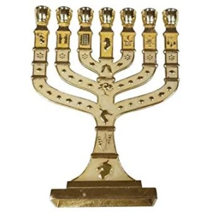 Jerusalem Temple Menorah 7 Branch Metal 12 Tribes of Israel 4.7″ (Gold/Cream)