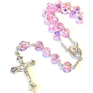 Light Pink Crystal Beads Rosary Catholic Necklace Holy Soil Medal & Crucifix