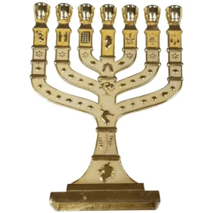 Jerusalem Temple Menorah 7 Branch Metal 12 Tribes of Israel 4.7″ (Gold/Cream) – Gold/Cream