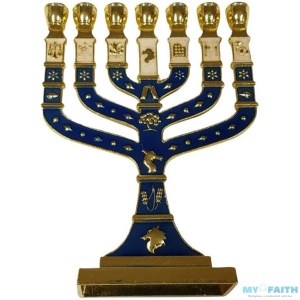 Bethlehem Gifts TM Jerusalem Temple Menorah 7 Branch Metal Candle Holder 12 Tribes of Israel 4.7″ (Gold/Cream)  Home & Kitchen – Gold/Blue