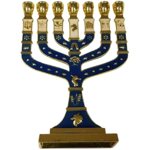 Jerusalem Temple Menorah 7 Branch Metal 12 Tribes of Israel 4.7″ (Gold/Cream) – Gold/Blue