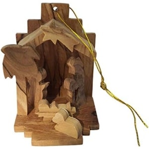 Handcarved Christmas Tree Olive Wood Small Nativity Ornament 2.6″