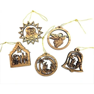 Set of 5 Laser Carved Olive Wood Christmas Tree Ornaments