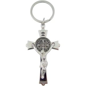 Silver Toned with Black Enamel Accent Saint Benedict  Key Chain, 3″