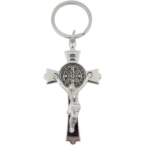 Silver Toned with Black Enamel Accent Saint Benedict Crucifix Key Chain, 3″