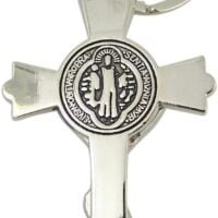 Silver Toned with Black Enamel Accent Saint Benedict Crucifix Key Chain, 3″