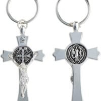 Silver Toned with Black Enamel Accent Saint Benedict Crucifix Key Chain, 3″