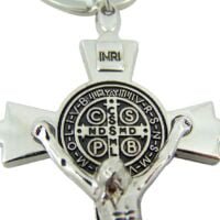 Silver Toned with Black Enamel Accent Saint Benedict Crucifix Key Chain, 3″