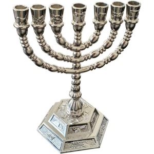 7 Branch Hexagonal Base 12 Tribes of Israel Menorah in Silver