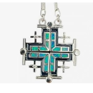 Jerusalem Cross Open Pendant Necklace Silver Plated Opal