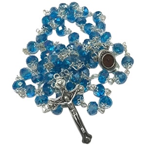 Elegant Light Blue Crystal Beads Necklace with Holy Soil Medal – Silver Plated